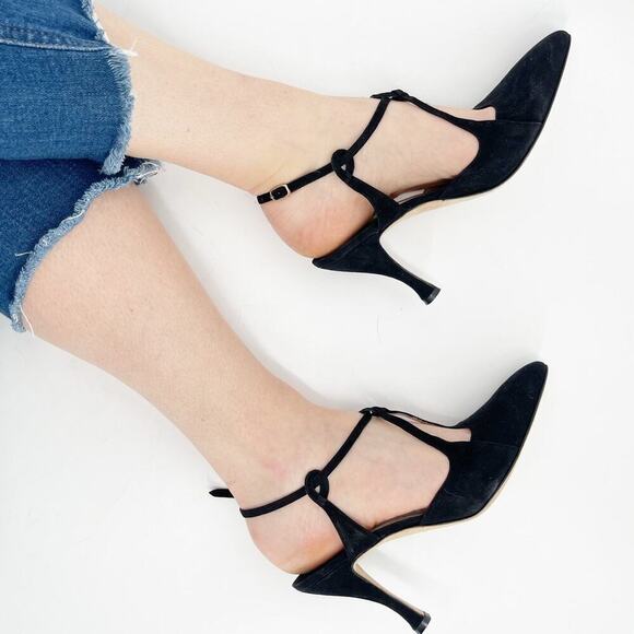 Vintage Manolo Blahnik Black Suede T-Strap Ankle Strap Pointed Toe Pump IT 38.5 - Picture 2 of 11